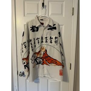 South Pole Japanese Buddha White Long Sleeve Light Button Down Shirt Sz: Large